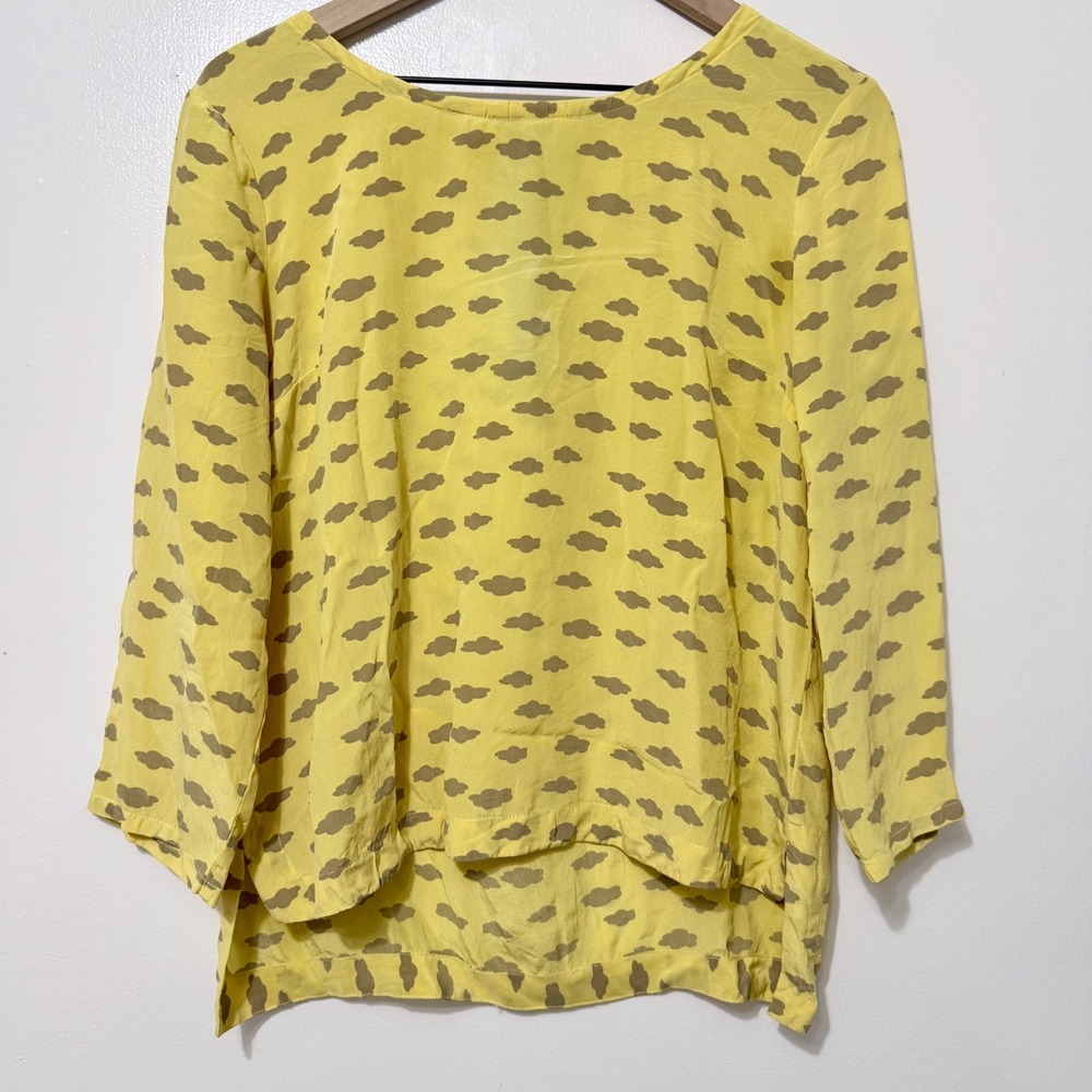 Anthropologie Maeve Yellow Silk Cloud Print High Low Blouse 3/4 Sleeve Large